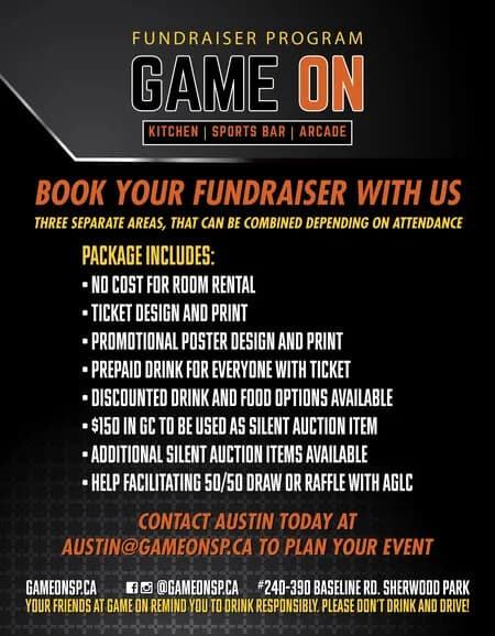 Game On fundraiser program poster listing the package