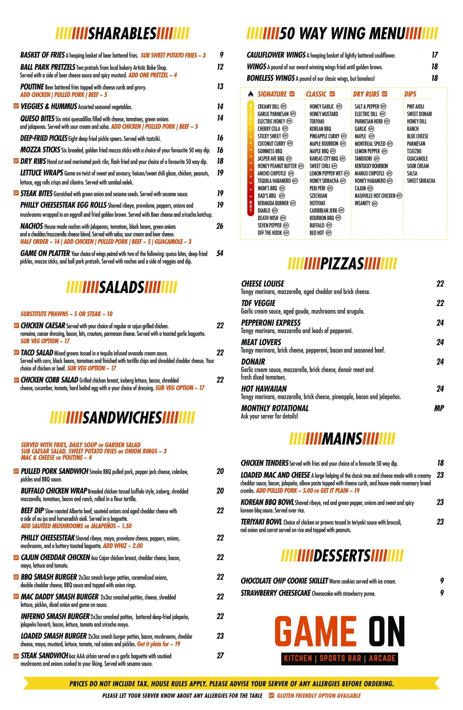 Food menu, printed sheet