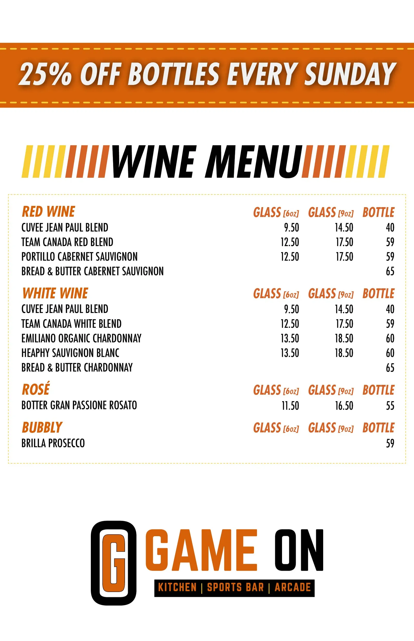 Wine menu, printed sheet