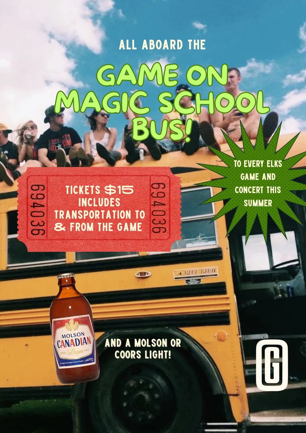 All aboard the Game On Magic School Bus. Park and Ride poster with a yellow school bus.