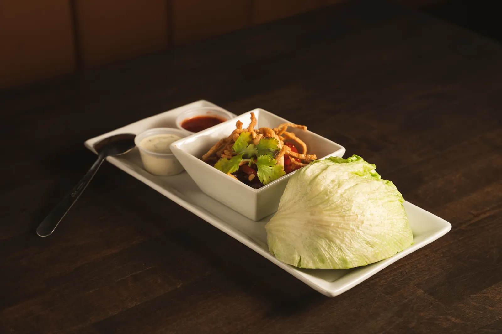 Lettuce wraps with fillings and dipping sauce